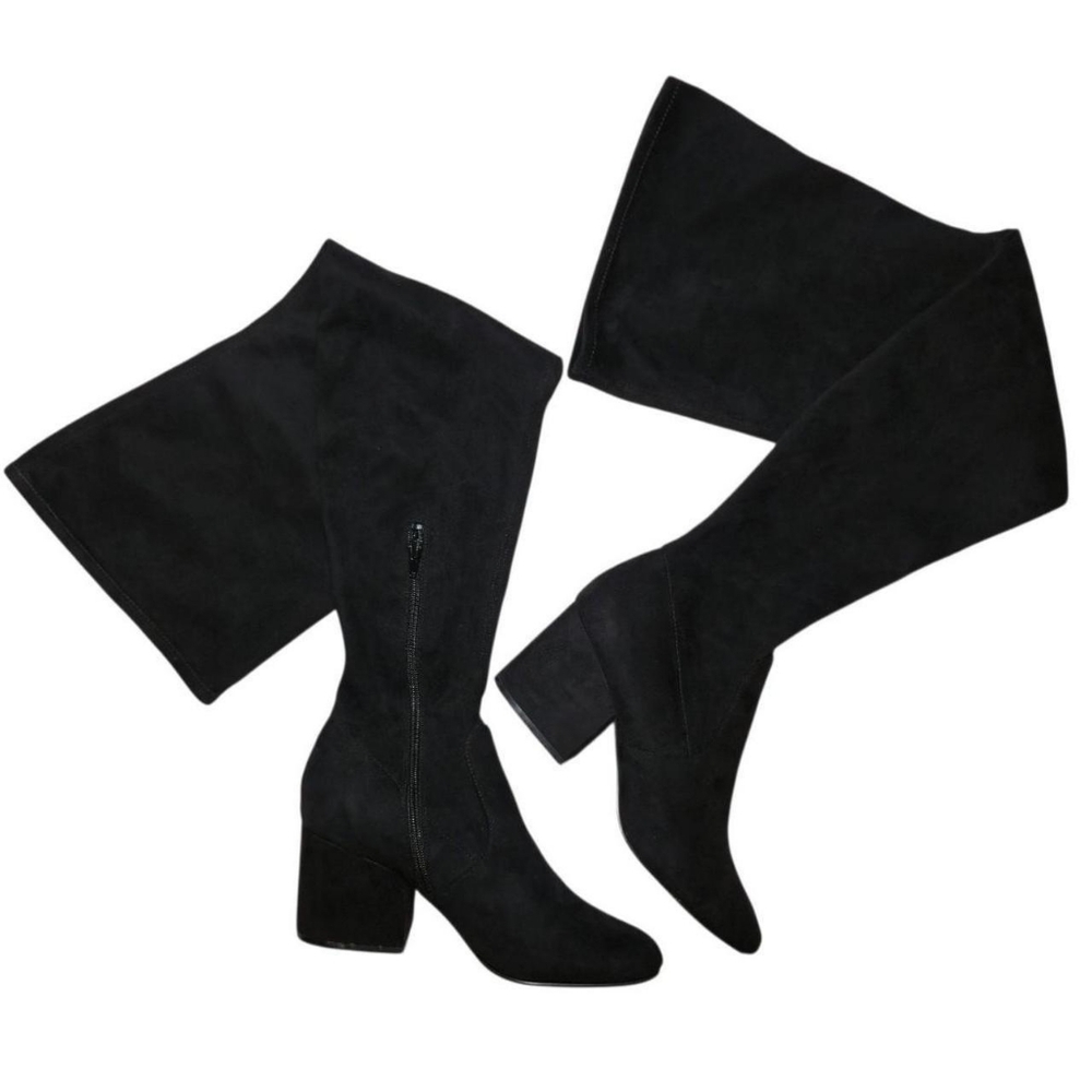 Loyal Over-the-Knee Black Faux Suede Boots – Size 9.5 – 3” Heel – Wide Calf